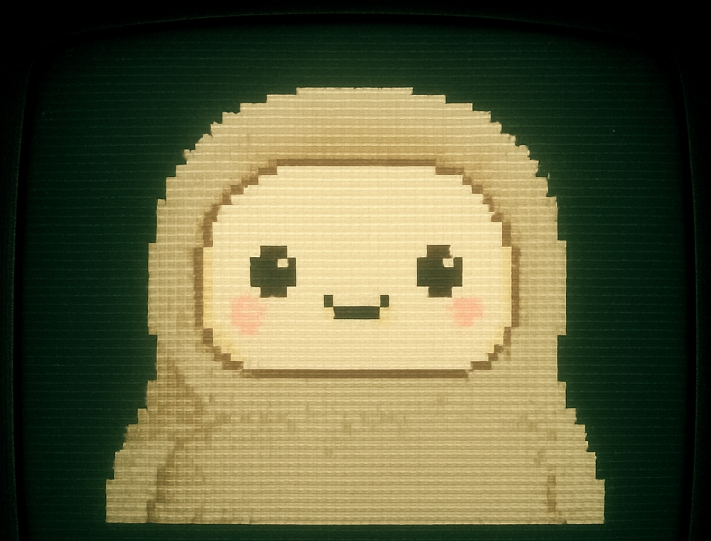 Jollypixel agent sprite, a beige 8-bit blob with a fixed four-pixel smile